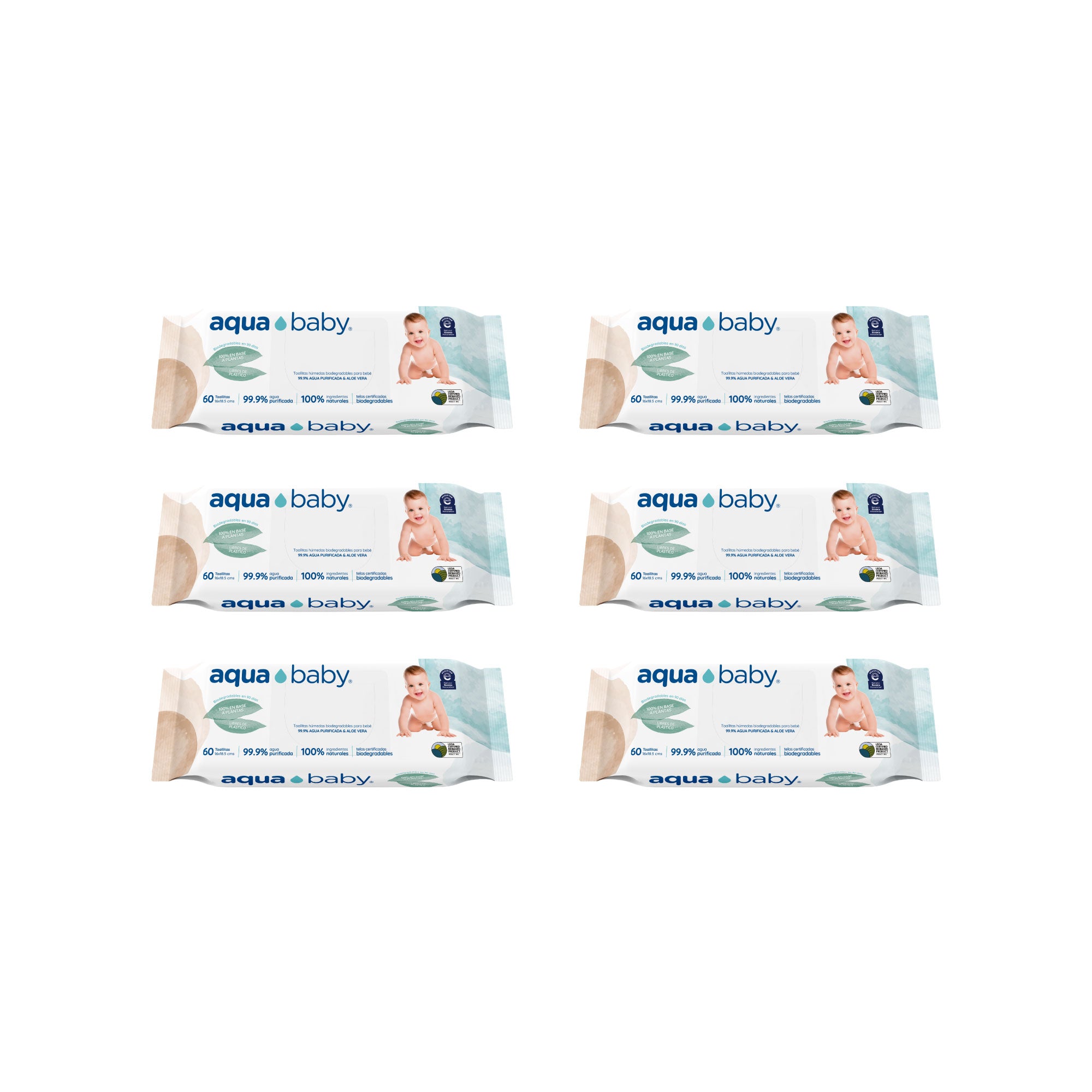 Aqua Baby Biodegradables 6 Bolsas de 60 Toallitas Húmedas